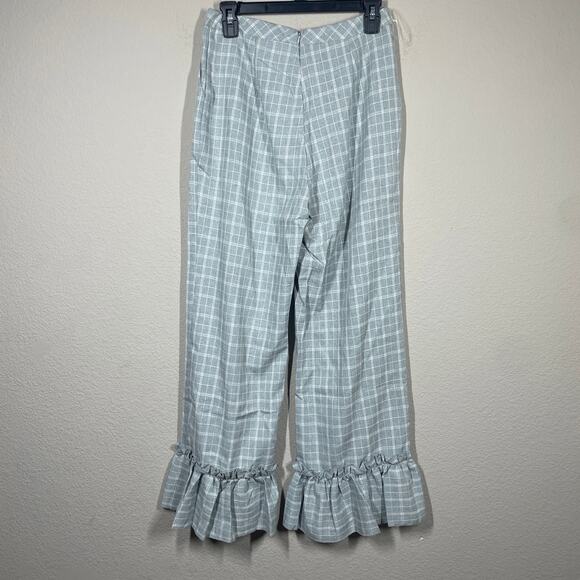 L'atiste by Amy Medium Cropped Ruffle Frill Hem Pants Fray Plaid Pull On Blue - Picture 5 of 9